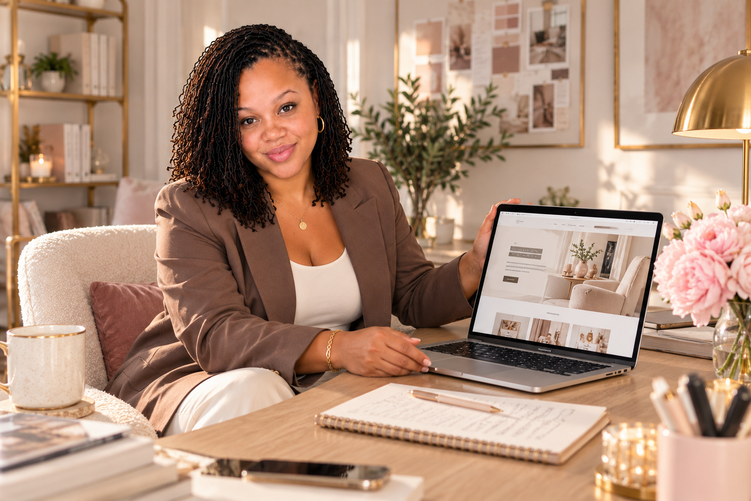 AnneMarie in a brown blazer presenting a web page design on her laptop