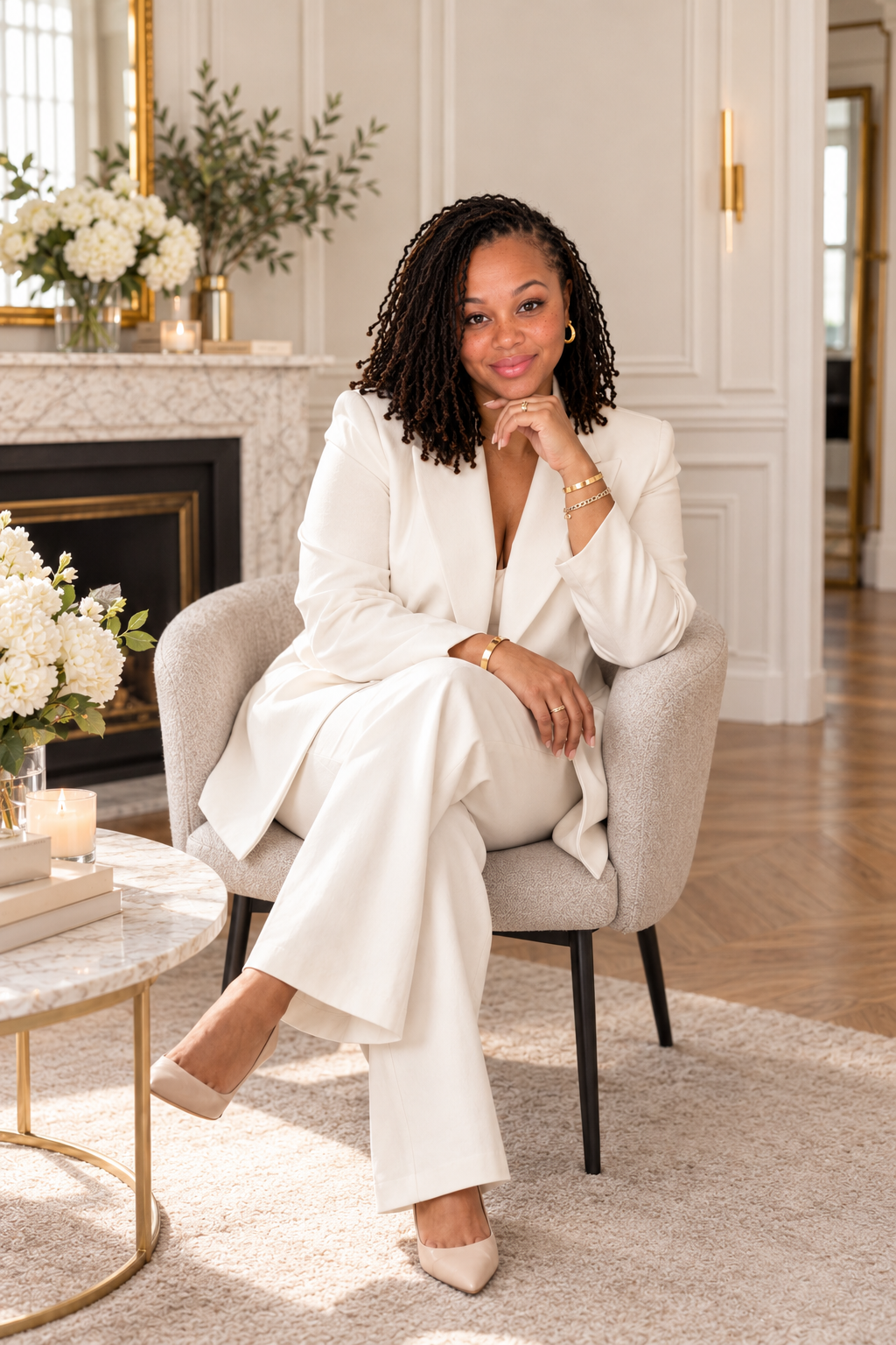 AnneMarie seated in a white suit in a bright office